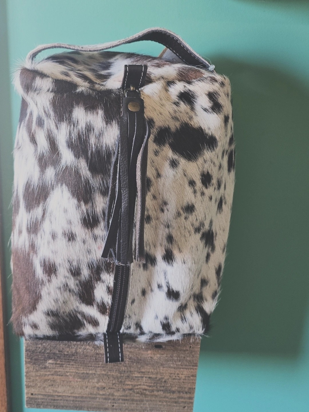 Cowhide Makeup Bag with Tassel Handle - Brown & White